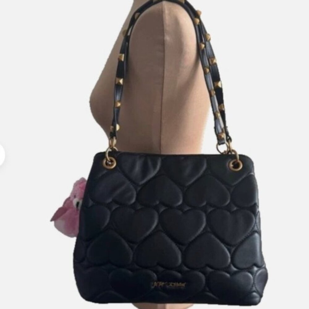 Betsey Johnson Xomia Black Quilt Heart Shoulder Bag Gold Stud Straps w Pink Toy
